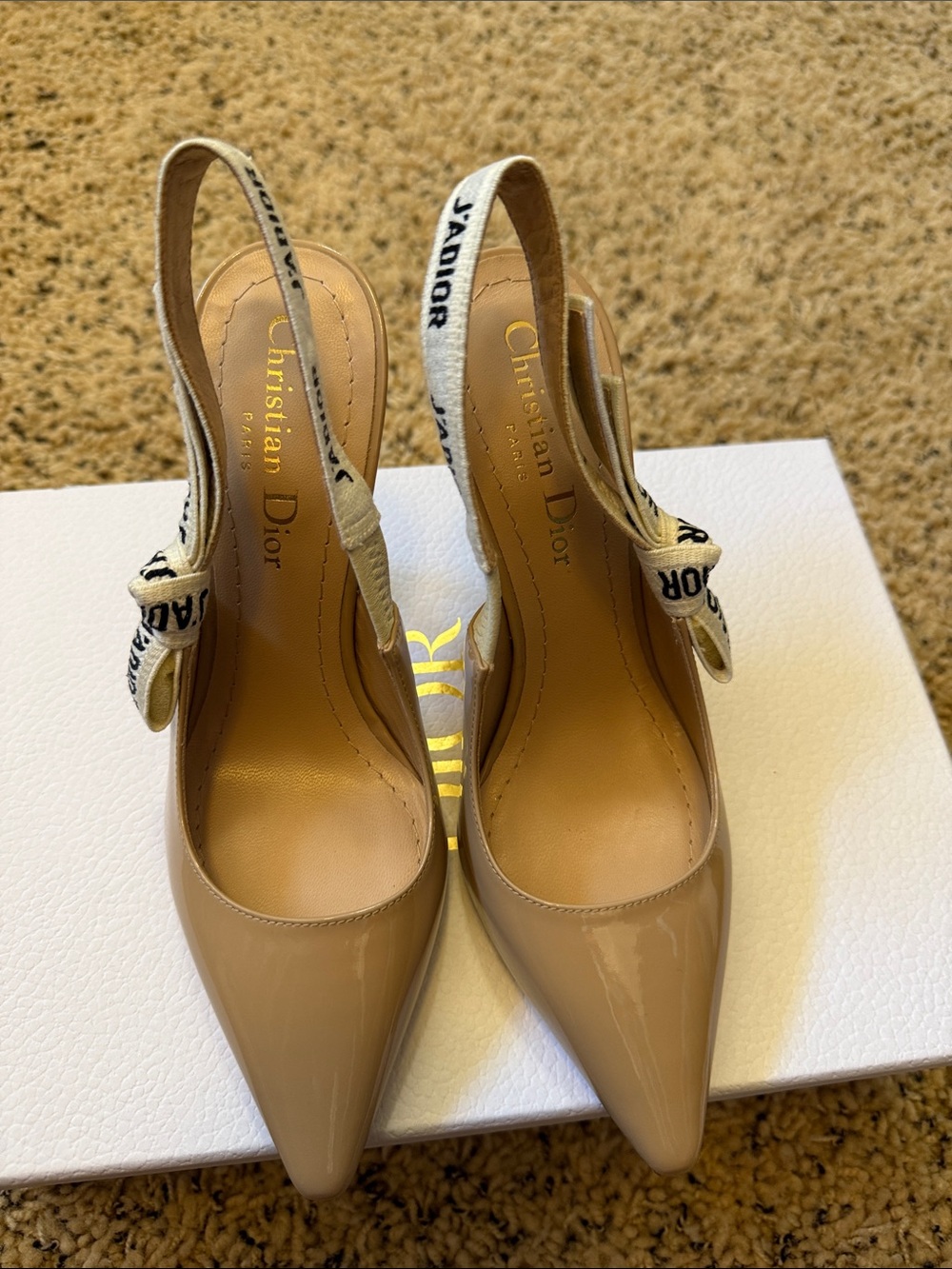 Dior Beige Patent Leather Slingback Pumps with J'Adior Ribbon